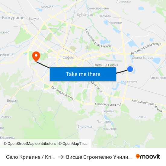 Село Кривина / Krivina Village (1541) to Висше Строително Училище ""Любен Каравелов"" map