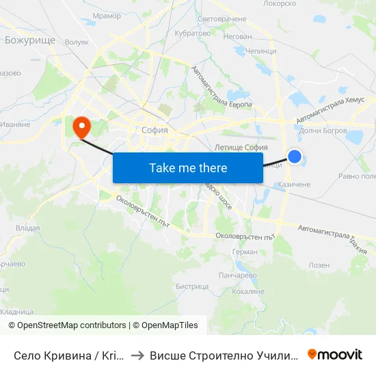 Село Кривина / Krivina Village (1541) to Висше Строително Училище ""Любен Каравелов"" map