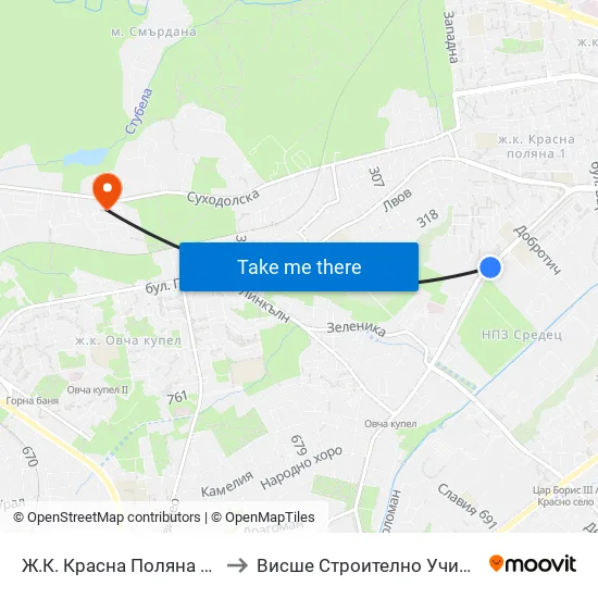 Ж.К. Красна Поляна / Krasna Polyana (0631) to Висше Строително Училище ""Любен Каравелов"" map