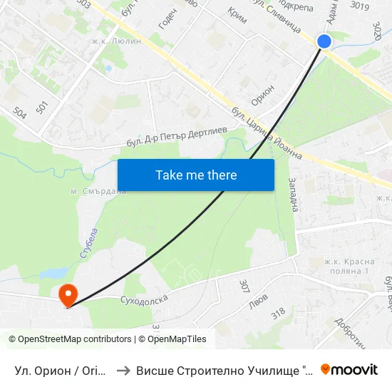 Ул. Орион / Orion St. (2090) to Висше Строително Училище ""Любен Каравелов"" map