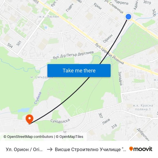 Ул. Орион / Orion St. (2091) to Висше Строително Училище ""Любен Каравелов"" map