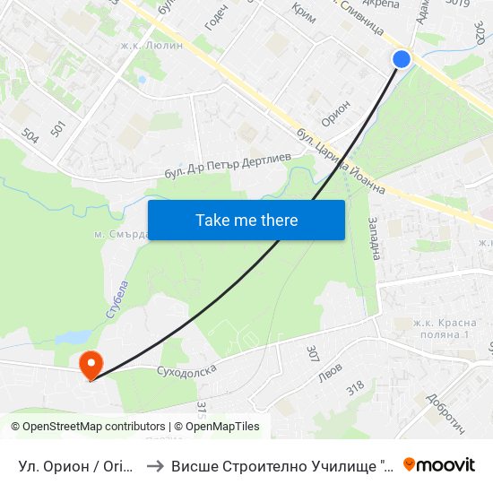 Ул. Орион / Orion St. (2092) to Висше Строително Училище ""Любен Каравелов"" map