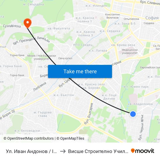 Ул. Иван Андонов / Ivan Andonov St. (1800) to Висше Строително Училище ""Любен Каравелов"" map
