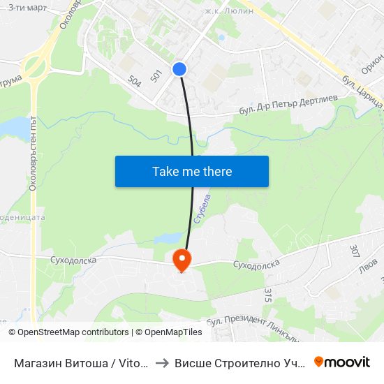 Магазин Витоша / Vitosha Department Store (1703) to Висше Строително Училище ""Любен Каравелов"" map