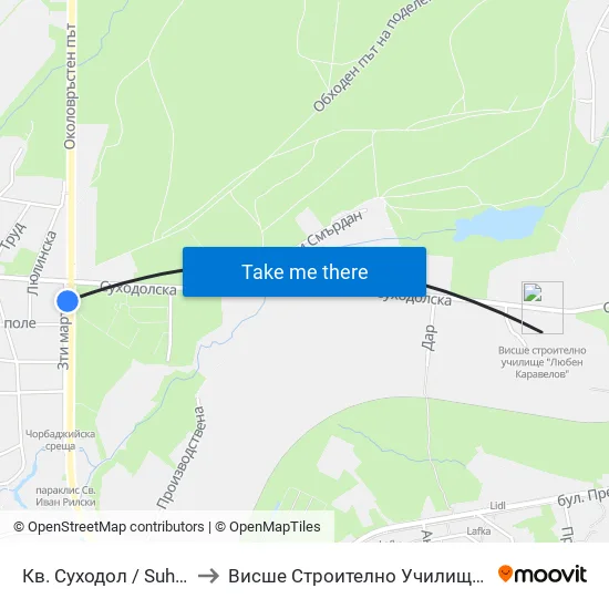 Кв. Суходол / Suhodol Qr.  (1173) to Висше Строително Училище ""Любен Каравелов"" map