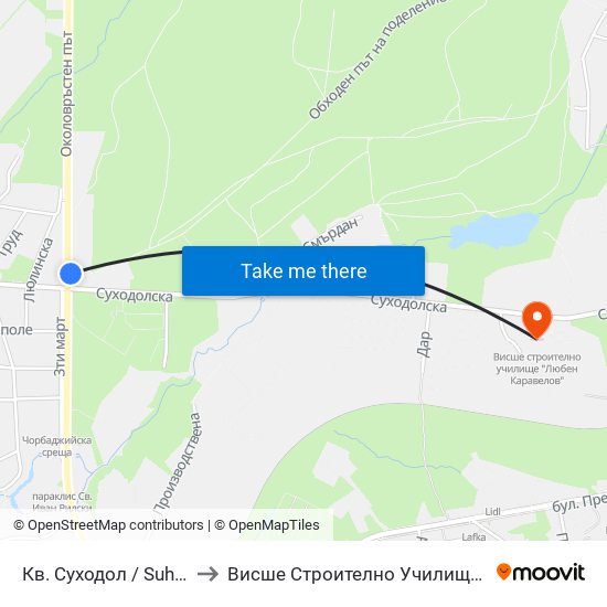 Кв. Суходол / Suhodol Qr. (1170) to Висше Строително Училище ""Любен Каравелов"" map