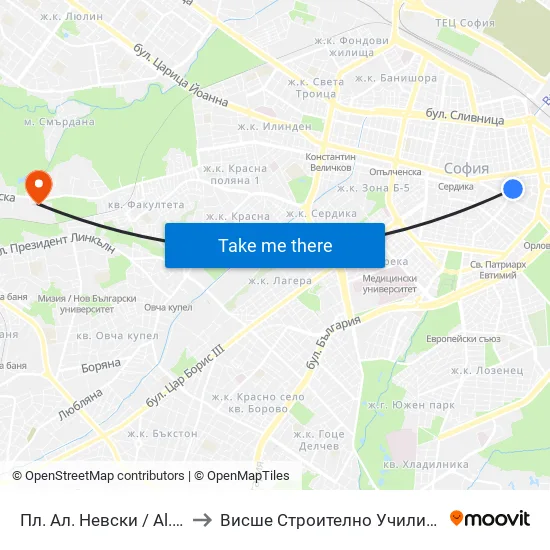 Пл. Ал. Невски / Al. Nevsky Sq. (1265) to Висше Строително Училище ""Любен Каравелов"" map