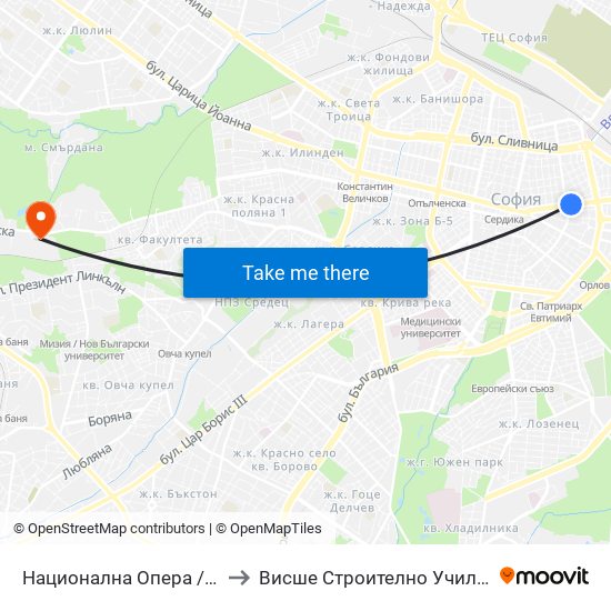 Национална Опера / National Opera (1116) to Висше Строително Училище ""Любен Каравелов"" map