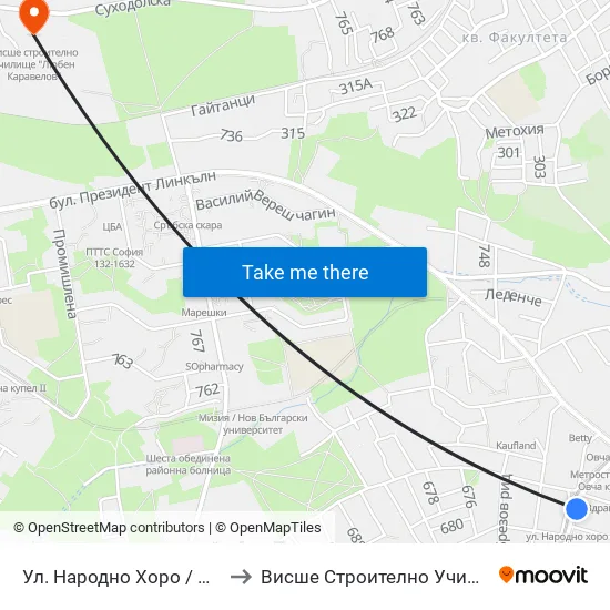 Ул. Народно Хоро / Narodno Horo St. (2057) to Висше Строително Училище ""Любен Каравелов"" map