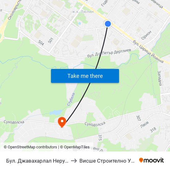 Бул. Джавахарлал Неру / Jawaharlal Nehru Blvd. (0320) to Висше Строително Училище ""Любен Каравелов"" map