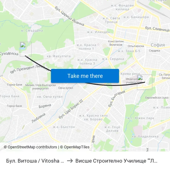 Бул. Витоша / Vitosha Blvd. (0301) to Висше Строително Училище ""Любен Каравелов"" map