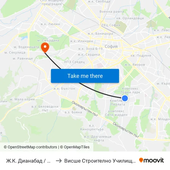 Ж.К. Дианабад / Dianabad (0603) to Висше Строително Училище ""Любен Каравелов"" map