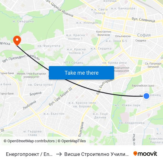 Енергопроект / Energoproekt (0575) to Висше Строително Училище ""Любен Каравелов"" map