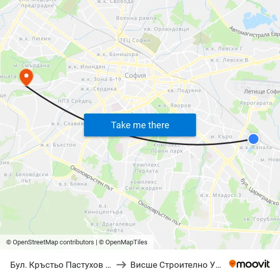 Ⓜ️ Бул. Кръстьо Пастухов / Krastyo Pastuhov Blvd. (1629) to Висше Строително Училище ""Любен Каравелов"" map