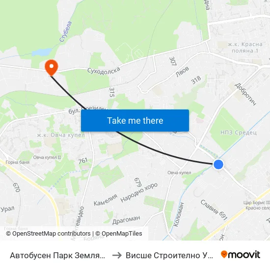 Автобусен Парк Земляне / Zemlyane Bus Depot (0079) to Висше Строително Училище ""Любен Каравелов"" map