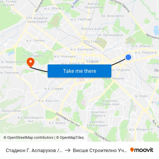 Стадион Г. Аспарухов / G. Asparuhov Stadium (1612) to Висше Строително Училище ""Любен Каравелов"" map