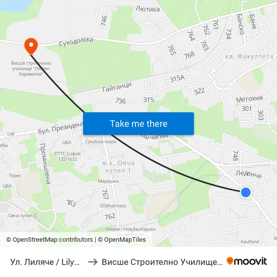 Ул. Лиляче / Lilyache St. (2030) to Висше Строително Училище ""Любен Каравелов"" map