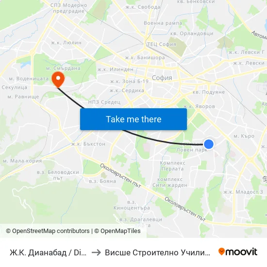 Ж.К. Дианабад / Dianabad Qr. (0630) to Висше Строително Училище ""Любен Каравелов"" map