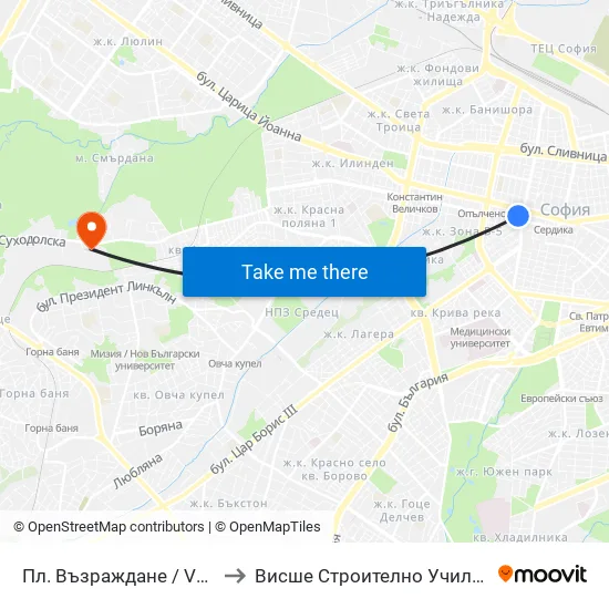 Пл. Възраждане / Vazrazhdane Sq. (1271) to Висше Строително Училище ""Любен Каравелов"" map