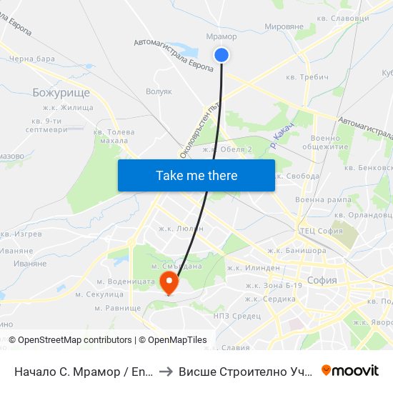 Начало С. Мрамор / Entry To Mramor Village (1675) to Висше Строително Училище ""Любен Каравелов"" map