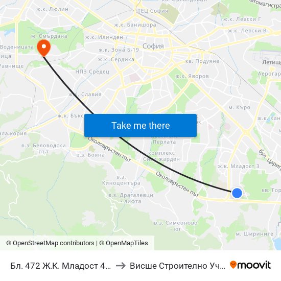 Бл. 472 Ж.К. Младост 4 / Bl. 472, Mladost 4 Qr. (2392) to Висше Строително Училище ""Любен Каравелов"" map