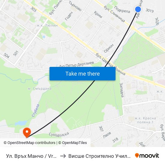 Ул. Връх Манчо / Vrah Mancho St. (1199) to Висше Строително Училище ""Любен Каравелов"" map