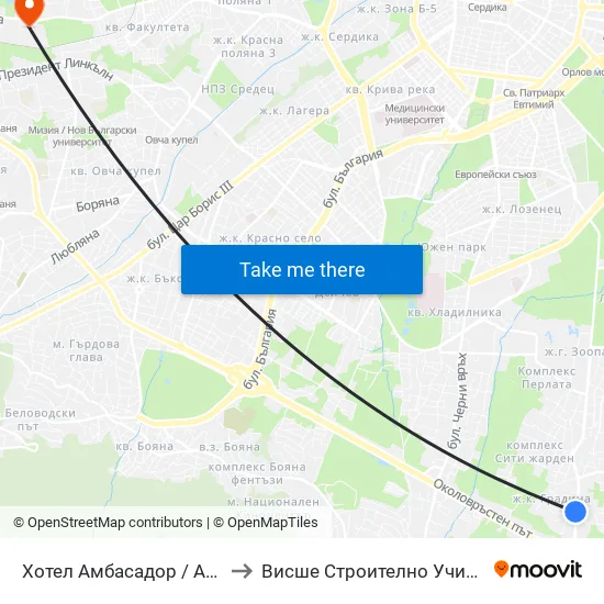 Хотел Амбасадор / Ambassador Hotel (0658) to Висше Строително Училище ""Любен Каравелов"" map