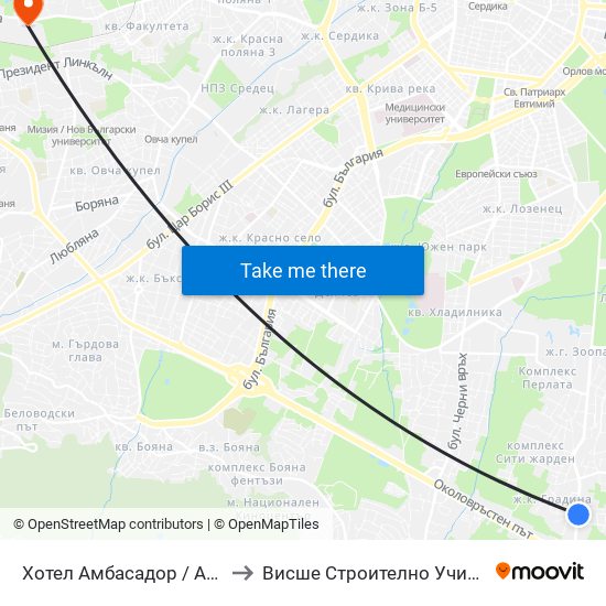 Хотел Амбасадор / Ambassador Hotel (0659) to Висше Строително Училище ""Любен Каравелов"" map