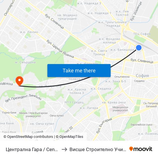 Централна Гара / Central Railway Station (1332) to Висше Строително Училище ""Любен Каравелов"" map