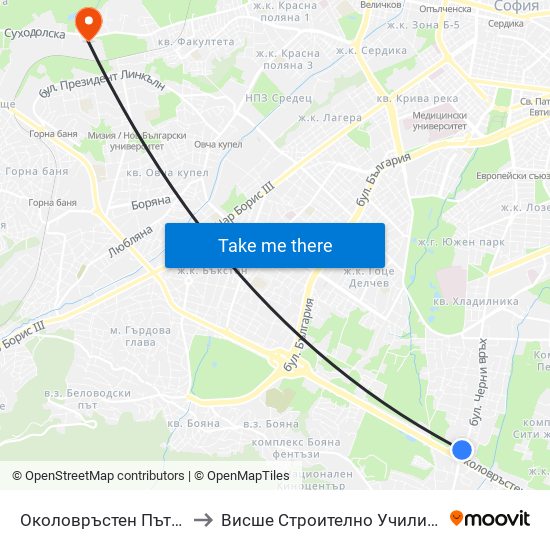 Околовръстен Път / Ring Road (1176) to Висше Строително Училище ""Любен Каравелов"" map