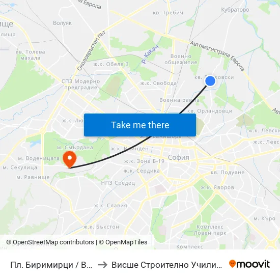 Пл. Биримирци / Birimirtsi Sq. (1268) to Висше Строително Училище ""Любен Каравелов"" map