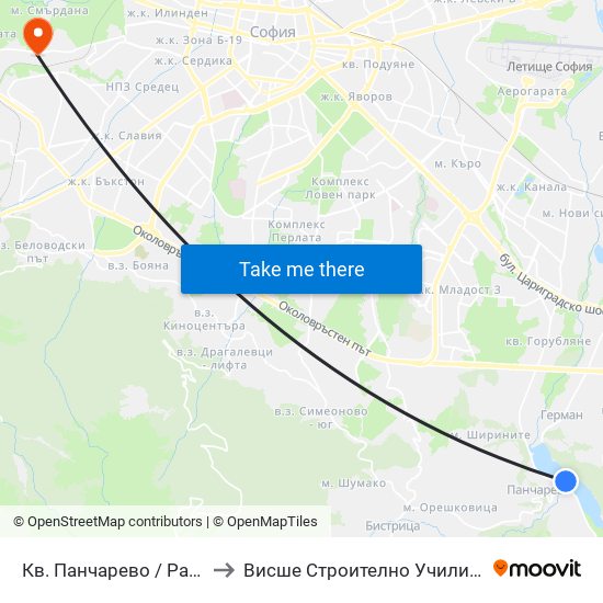 Кв. Панчарево / Pancharevo Qr. (1244) to Висше Строително Училище ""Любен Каравелов"" map