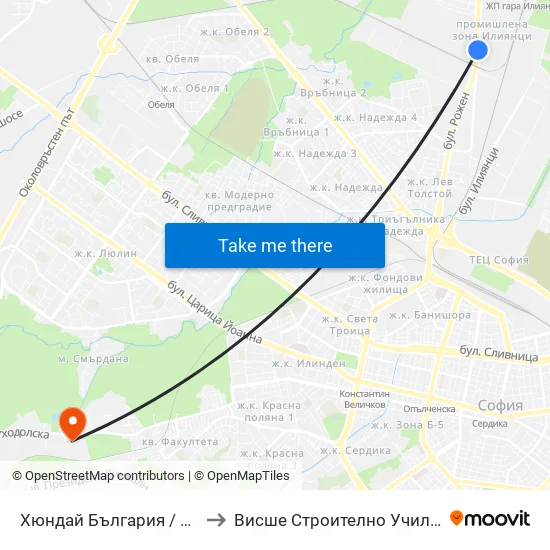 Хюндай България / Hyundai Bulgaria (1635) to Висше Строително Училище ""Любен Каравелов"" map