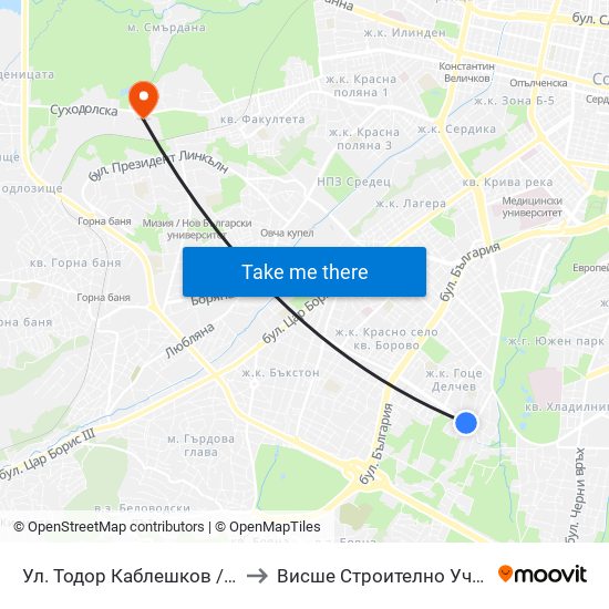 Ул. Тодор Каблешков / Todor Kableshkov St. (0598) to Висше Строително Училище ""Любен Каравелов"" map