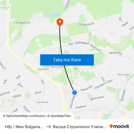 🎓 Нбу / New Bulgarian University (0069) to Висше Строително Училище ""Любен Каравелов"" map