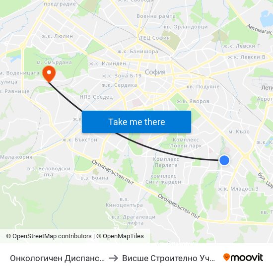 Онкологичен Диспансер / Oncology Clinic (0022) to Висше Строително Училище ""Любен Каравелов"" map