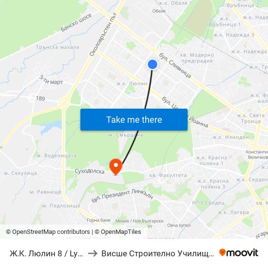 Ж.К. Люлин 8 / Lyulin 8 Qr. (2397) to Висше Строително Училище ""Любен Каравелов"" map
