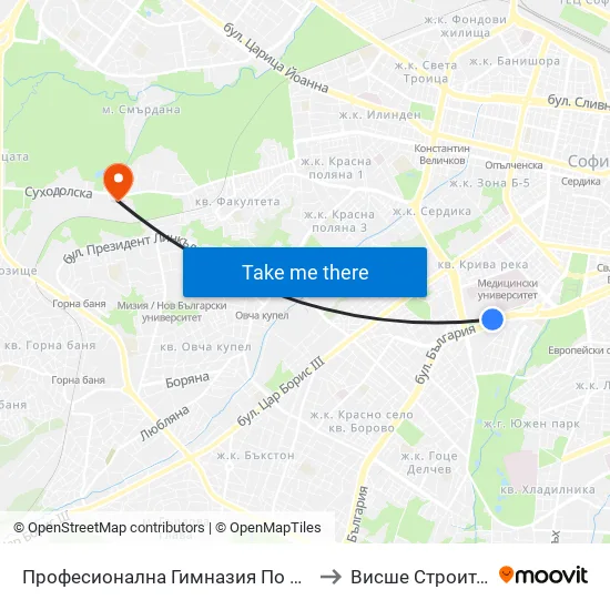 Професионална Гимназия По Дизайн Елисавета Вазова / Elisaveta Vazova High School Of Design (1739) to Висше Строително Училище ""Любен Каравелов"" map