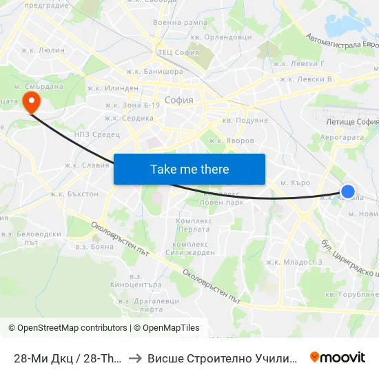 28-Ми Дкц / 28-Th Polyclinic (0025) to Висше Строително Училище ""Любен Каравелов"" map