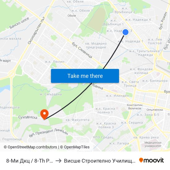 8-Ми Дкц / 8-Th Polyclinic (0044) to Висше Строително Училище ""Любен Каравелов"" map