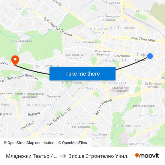 Младежки Театър / Youth Theatre (1073) to Висше Строително Училище ""Любен Каравелов"" map