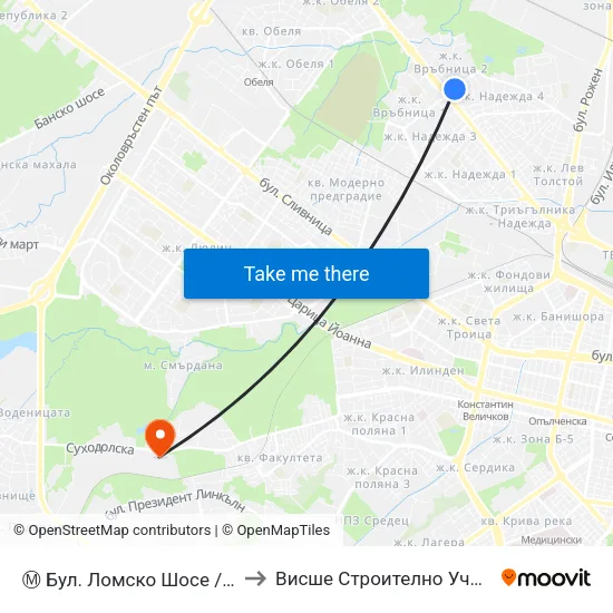Ⓜ️ Бул. Ломско Шосе / Lomsko Shose Blvd. (0334) to Висше Строително Училище ""Любен Каравелов"" map