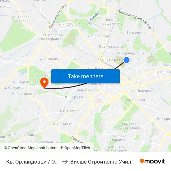 Кв. Орландовци / Orlandovtsi Qr. (0887) to Висше Строително Училище ""Любен Каравелов"" map