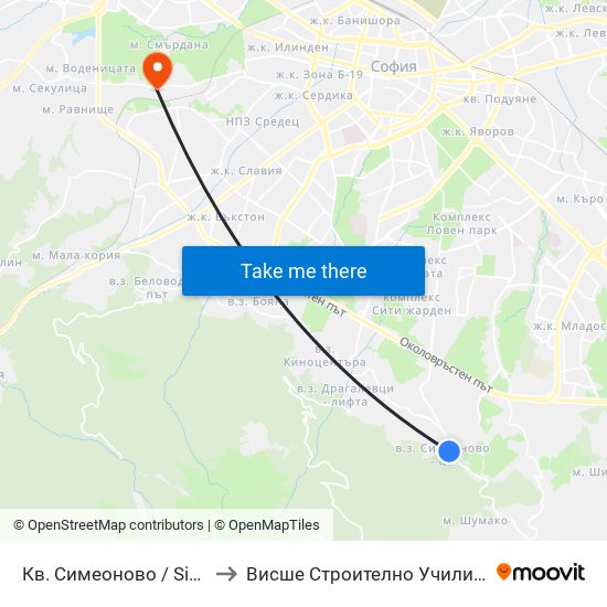 Кв. Симеоново / Simeonovo Qr. (0901) to Висше Строително Училище ""Любен Каравелов"" map