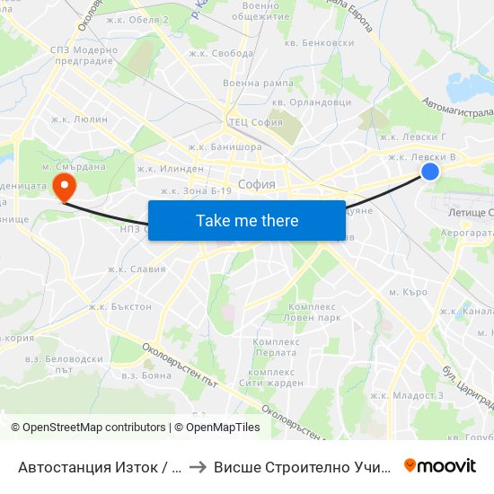🚌 Автостанция Изток / Iztok Bus Station (2021) to Висше Строително Училище ""Любен Каравелов"" map