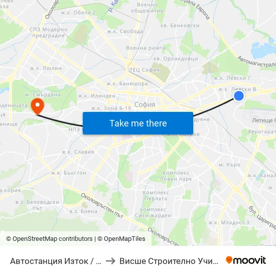 🚌 Автостанция Изток / Iztok Bus Station (2427) to Висше Строително Училище ""Любен Каравелов"" map