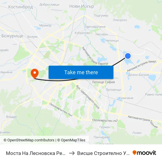 Моста На Лесновска Река / Lesnovska River Bridge (1687) to Висше Строително Училище ""Любен Каравелов"" map