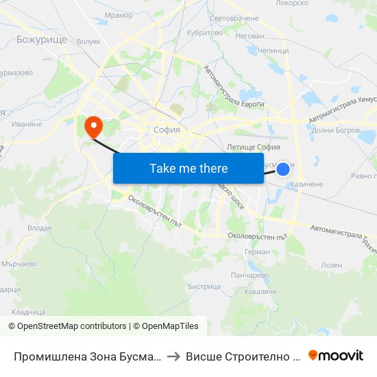 Промишлена Зона Бусманци / Industrial Zone Busmantsi (1640) to Висше Строително Училище ""Любен Каравелов"" map