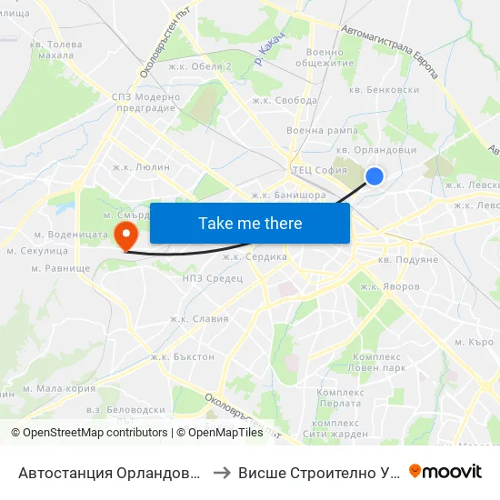 🚌 Автостанция Орландовци / Orlandovtsi Bus Station (0063) to Висше Строително Училище ""Любен Каравелов"" map