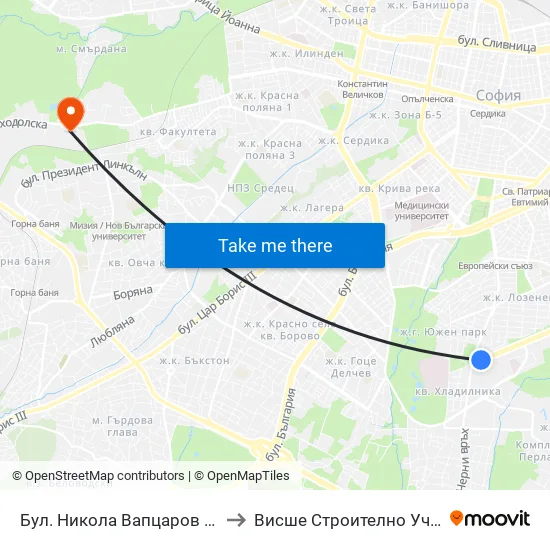 Бул. Никола Вапцаров / Nikola Vaptsarov Blvd. (0341) to Висше Строително Училище ""Любен Каравелов"" map